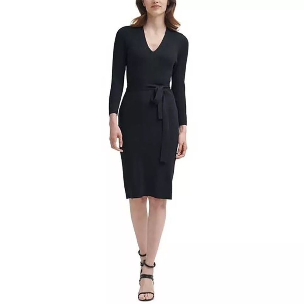 DKNY Sparkly Fitted Black Belted Midi Dress NWT